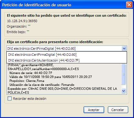Imagen Selección de Certificado de Autenticacion ó Firma en Firefox